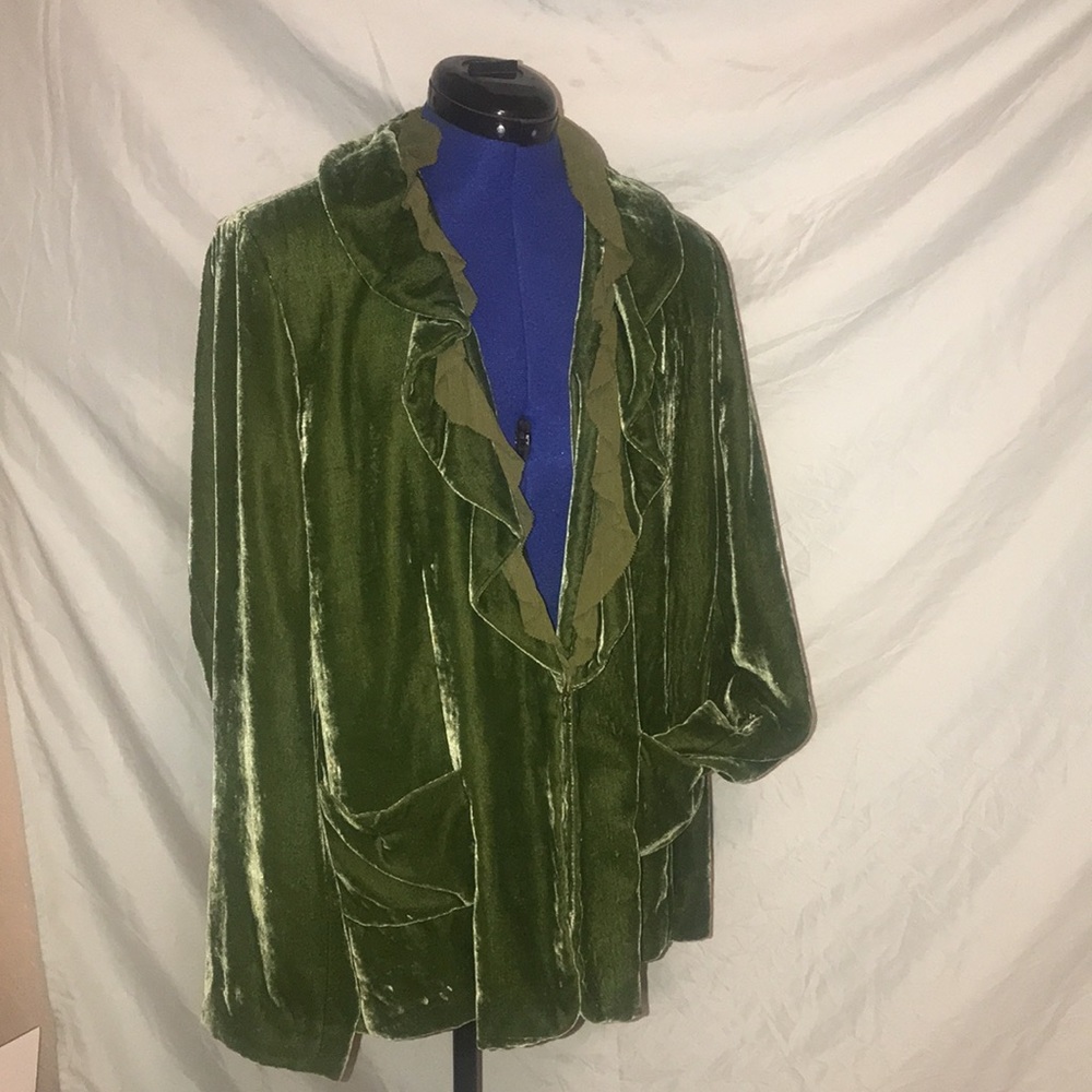 Green Velvet Ruffle Blazer Jacket - Women's